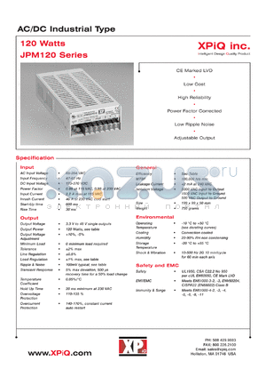 JPM120PS03R datasheet - AC/DC industrial type. Output power 79 W. Output voltage 3.3 V. Output current 24.0 A.