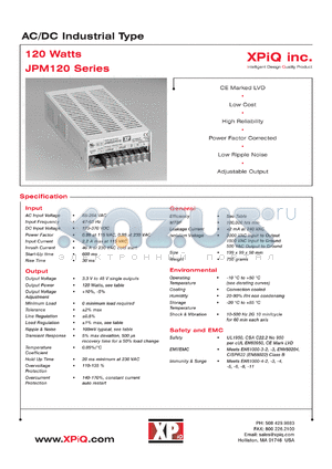 JPM120PS05 datasheet - AC/DC industrial type. Output power 120 W. Output voltage 5.0 V. Output current 24.0 A.