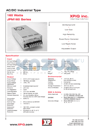 JPM160PS07R datasheet - AC/DC industrial type. Output power 160 W. Output voltage 7.5 V. Output current 21.0 A.