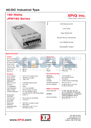 JPM160PS15R datasheet - AC/DC industrial type. Output power 160 W. Output voltage 15.0 V. Output current 10.6 A.