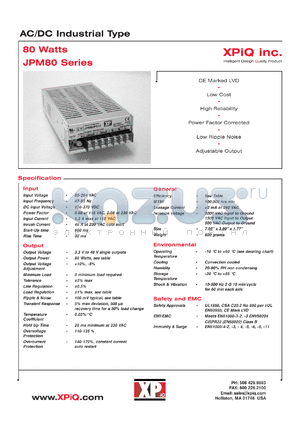 JPM80PS03R datasheet - AC/DC industrial type. Output power 53 W. Output voltage 3.3 V. Output current 16.0 A.