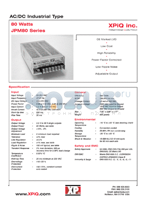 JPM80PS13R datasheet - AC/DC industrial type. Output power 80 W. Output voltage 13.5 V. Output current 6.0 A.