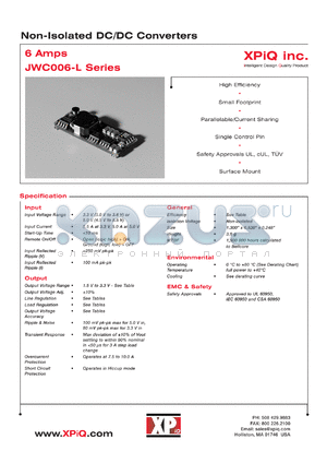 JWC00603S1V8-L datasheet - Non-isolated DC/DC converter. Input voltage 3.3V. Nominal output voltage 1.8V. Output current: 0.0A (min). 6.0A (max).