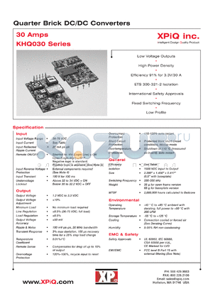 KHQ03048S1V8AH datasheet - Quarter brick DC/DC converter. Open frame/positive logic. Output power 54W. Output voltage 1.8V. Output current maximum 30A. Input current 1.30A.