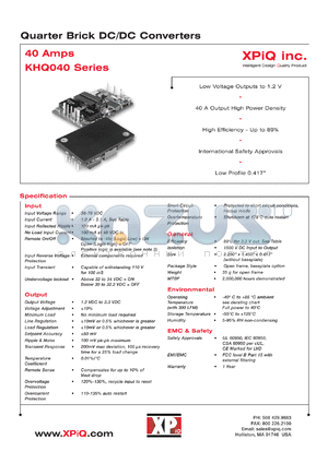 KHQ04048S1V5BL datasheet - Quarter brick DC/DC converter. Baseplate/negative logic. Output power 60W. Output voltage 1.5V. Output current maximum 40A. Input current 1.50A.