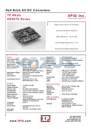 KSH07048S1V5BH datasheet - Half brick DC/DC converter. Baseplate/positive logic. Output power 105W. Output voltage 1.5V. Output current maximum 70A. Input current 2.57A.