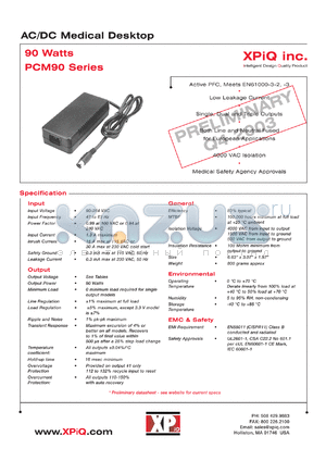 PCM90PT01 datasheet - AC/DC medical desktop. Maximum power 51W. Output1: Vnom 3.3V,  Imin 0.5A, Imax 7.0A. Output2: Vnom 12.0V. Imin 0.3A, Imax 2.0A. Output3: Vnom -5.0V, Imin 0.1A, Imax 0.8A.