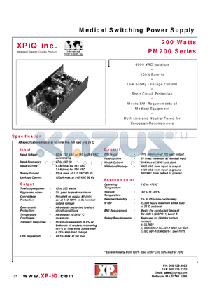 PM200-16C datasheet - Medical switching power supply. Maximum output power 200 W. Output #1: Vnom 30V, Imin 0.5A, Imax 6.7A.