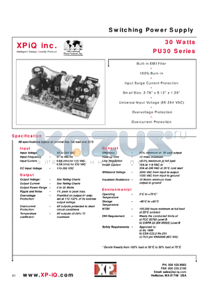 PU30-32SL datasheet - Switching power supply, Maximum output power 30W. Output #1: Vnom +5V, Imin 0.3A, Imax 3.0A. Output #2: Vnom +15V, Imin 0.2A, Imax 1.5A. Output #3: Vnom -15V, Imin 0.05A, Imax 0.2A.