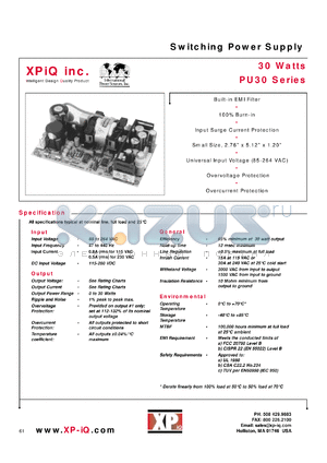 PU30-12SL datasheet - Switching power supply, Maximum output power 30W. Output #1: Vnom 12V, Imin 0.0A, Imax 2.5A.