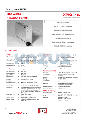 RTC200PM42 datasheet - Compact PCI 200W. Input voltage 90-264 VAC. Output voltage & current for V1, V2, V3, V4 (resp): +5.0V, 25.0A; +3.3V, 35.0A; +12V, 8.0A; -12V, 1.5A.