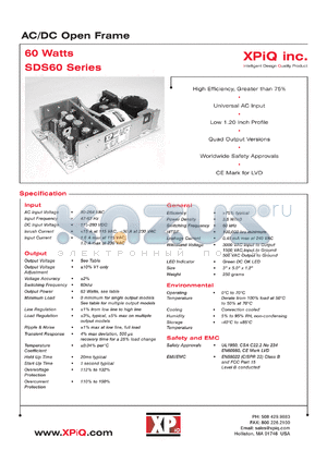 SDS60UT02D datasheet - AC/DC U-bracket, max output power 63.0W. Output 1: Vout 3.3V/Imax 6.0A. Output 2: Vout 12.0V/Imax 3.0A. Output 3: Vout +5.0V/Imax 0.8A.