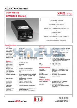 SMU300PS54 datasheet - AC/DC U-channel without fan/cover. Maximum power 300W. Output voltage 54.0 VDC. Min load 0.35A. Output current: Imax 5.55A, Ipeak 12.72A.
