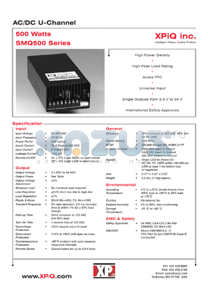 SMQ500PS15-CB datasheet - AC/DC U-channel. Maximum power 500W. Output voltage 15.0 VDC. Constant current version, current limit range is 95-105% of 31.00A.