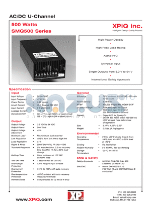 SMQ500PS54-CB datasheet - AC/DC U-channel. Maximum power 500W. Output voltage 54.0 VDC. Constant current version, current limit range is 95-105% of 9.25A.