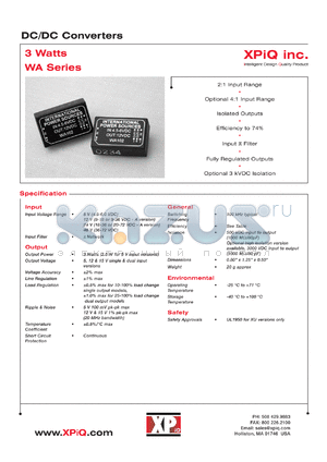 WA203A datasheet - DC/DC converter. 4:1 input range. Input voltage 9-36 VDC. Output voltage 15 VDC. Output current 200 mA. Input current 7.5 mA(no load), 320 mA(full load).