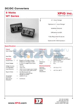 WT201X datasheet - DC/DC converter, 5 watts. 3000 VDC isolation. 2:1 input range. Input voltage 9-18 VDC. Output voltage 5 VDC. Output current 1000 mA. Input current 7.5 mA(no load), 545 mA(full load).