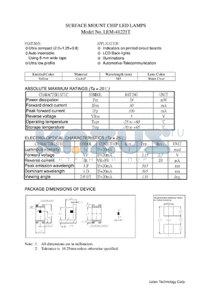 LEM-41221T datasheet - Surface mount chip LED lamp. Emitter color yellow. Lens color water clear.