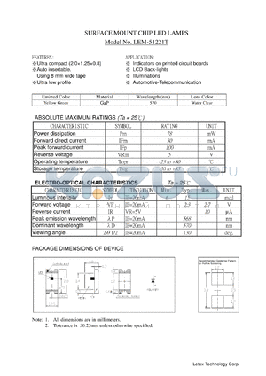 LEM-51221T datasheet - Surface mount chip LED lamp. Emitter color yellow green. Lens color water clear.