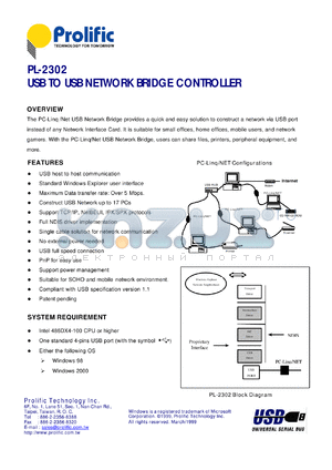 PL-2302 datasheet - USB to USB betwork dridge controller: USB host to host communication