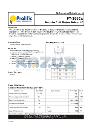 PT-308C-A datasheet - 3-18V; double coil motor friver IC