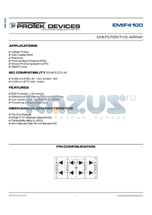 EMIF4100 datasheet - 5.0V; 400mW; EMI filter/TVS array. For cellular phones, SMART cards, notebooks, personal digital assistant (PDA), ground positioning system (GPS)