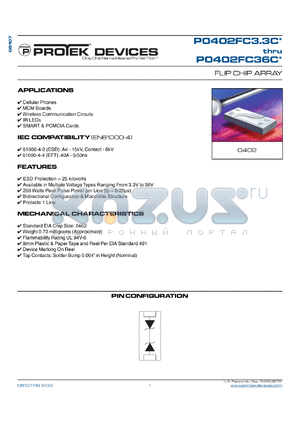 P0402FC5C datasheet - 5.0V; 250Watts; flip chip array. For cellular phones, MCM boards, wireless communication circuits, IR LEDs, SMART & PCMCIA cards