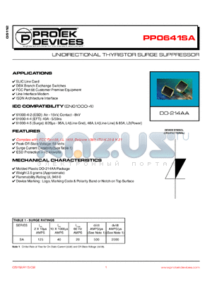 PP0641SA datasheet - 58V; 60Amp; unidirectional thyristor surge suppressor. For SLIC line card, DBX branch exchange switches, FCC part 68 customer premise equipment, line interface modem, ISDN architecture interface