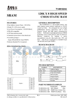 T14M1024-10J datasheet - 10ns; -0.5 to 7.0V; 1.0W; 50mA; 128 x 8 high speed CMOS static RAM