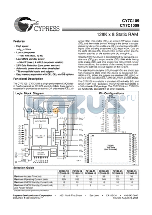 CY7C109 datasheet - 128K x 8 Static RAM, TTL-compatible, 20ns