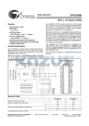 CY7C1022-12VC datasheet - 32K x 16 static RAM, 5V, 12ns