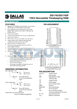DS1743W-70 datasheet - Y2KC nonvolatile timekeeping RAM, 70ns