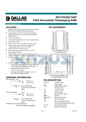 DS1743WP-100 datasheet - Y2KC nonvolatile timekeeping RAM, 100ns