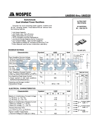 U60D20A datasheet - Switchmode dual ultrafast power rectifier, 60A, 200V, 50ns