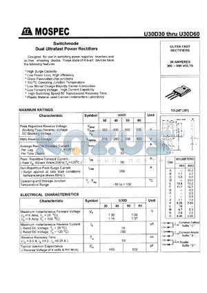 U30D50D datasheet - Switchmode dual ultrafast power rectifier, 30A, 500V, 50ns