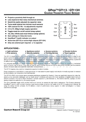 QT113-D datasheet - 0.5-6.5V; 20mA; charge-transfer touch sensor. For light switches, industrial panels, appliance control, security systems, access systems, pointing devices, elevator buttoms, toys & games