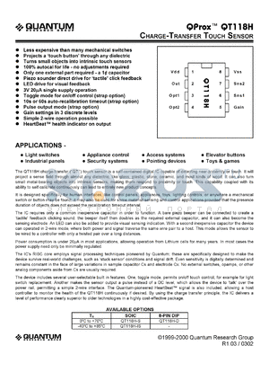 QT118H-IS datasheet - 0.5-6.5V; 20mA; charge-transfer touch sensor. For light switches, industrial panels, appliance control, security systems, access systems, pointing devices, elevator buttoms, toys & games