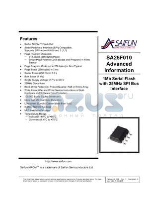 SA25F010LM8 datasheet - 2.7-3.6V; 1Mb serial flash with 25MHz SPI bus interface