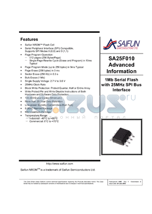 SA25F010LEM8X datasheet - 2.7-3.6V; 1Mb serial flash with 25MHz SPI bus interface