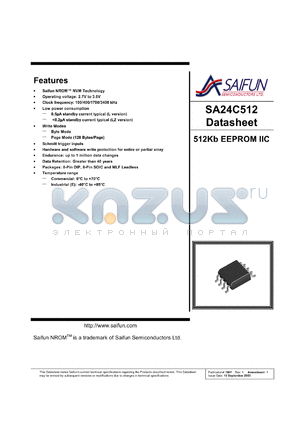 SA24C512LZEN datasheet - 2.7-3.6V; 512Kb EEPROM IIC