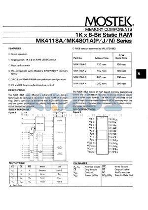 MK4118AJ-3 datasheet - 1Kx8-bit static RAM, 200ns acces time, 200ns cycle time.