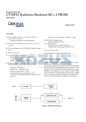 UT28F64T45PCX datasheet - Radiation-hardenet 8Kx8 PROM. 45ns access time, TTL compatible inputs, CMOS/TTL compatible outputs. Lead finish optional.