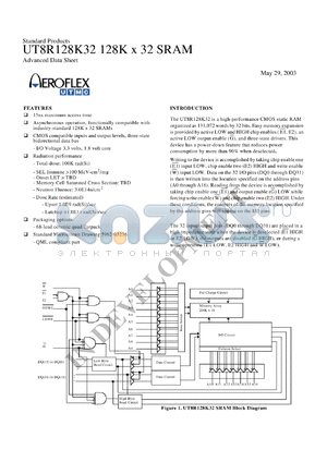 UT8R128K32-15WPC datasheet - 128K x 32 SRAM. 15ns access time. Lead finish gold. Prototype flow.