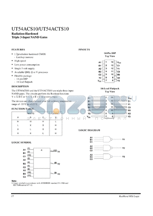 UT54ACTS10 datasheet - Radiation-hardened quadruple 3-input NAND gate.