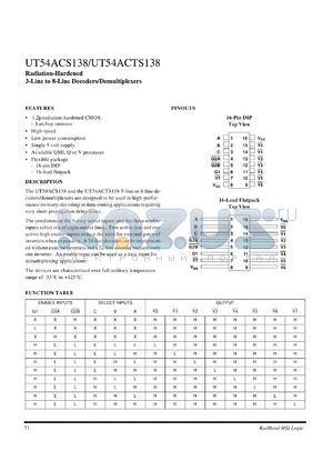 UT54ACS138 datasheet - Radiation-hardened 3-line to 8-line decoder/demultiplexer.