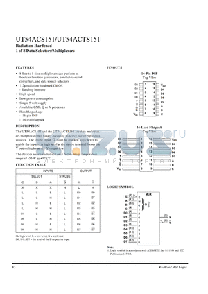 UT54ACS151 datasheet - Radiation-hardened 1 of 8 data selector/multiplexer.