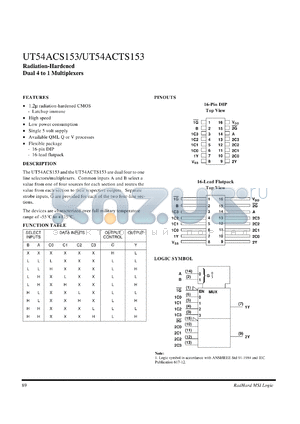 UT54ACTS153 datasheet - Radiation-hardened dual 4 to 1 multiplexer.