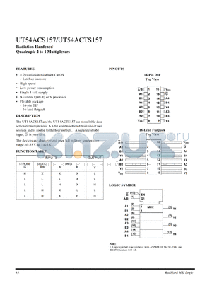 UT54ACTS157 datasheet - Radiation-hardened quadruple 2 to 1 multiplexer.