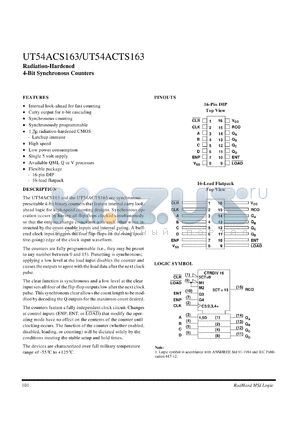 UT54ACTS163 datasheet - Radiation-hardened 4-bit synchronous counter.