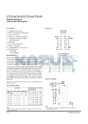 UT54ACS165 datasheet - Radiation-hardened 8-bit parallel shift register.